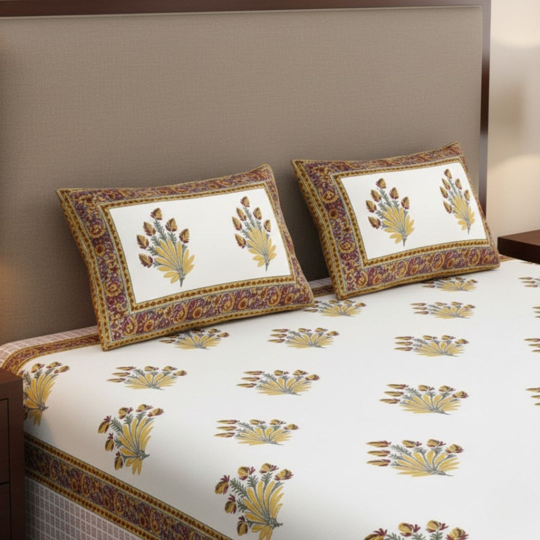 Feathers of Fortune Yellow Hand Block Print Double Bedsheet
